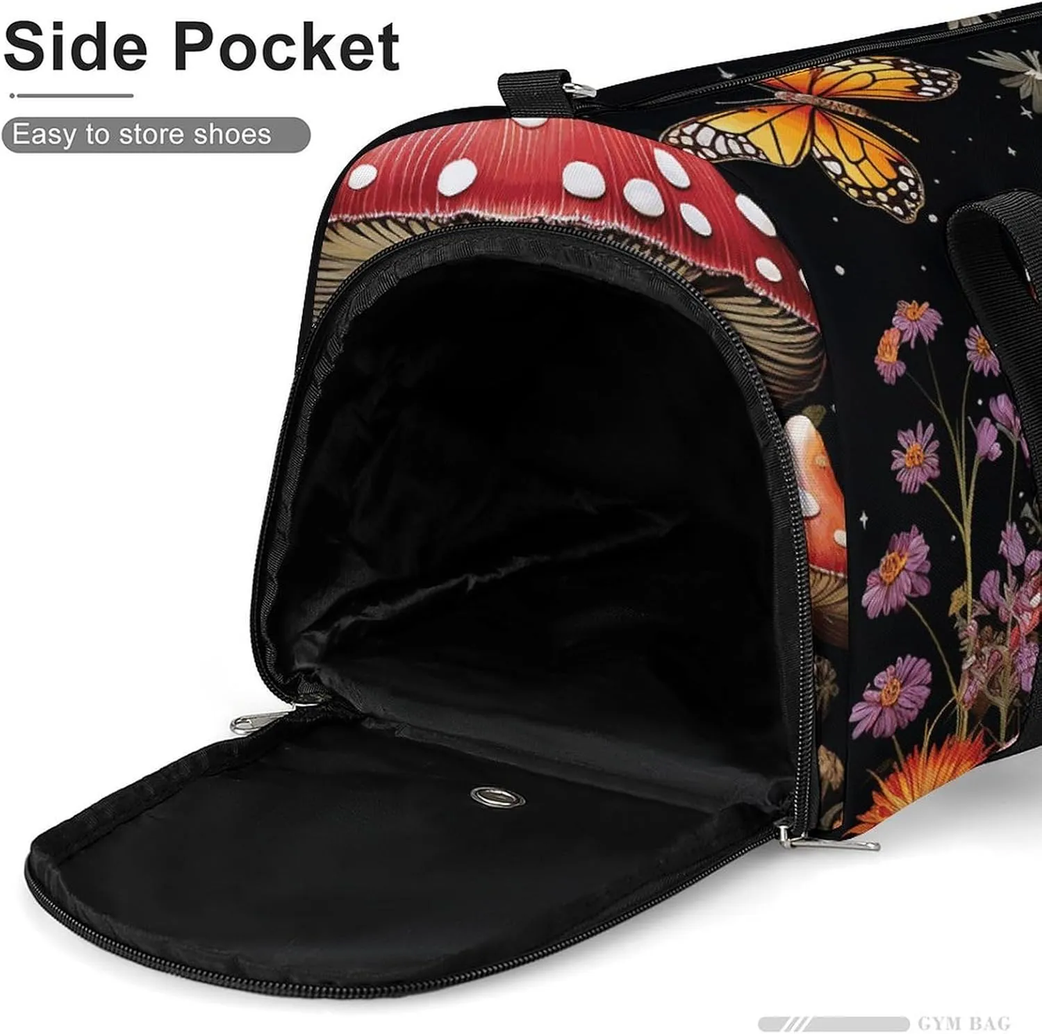 Mushrooms And Butterflies on Black Background Sports Gym Bag Carry on Holdalls for Men Small Duffel Bags for Women with Shoe Compartment