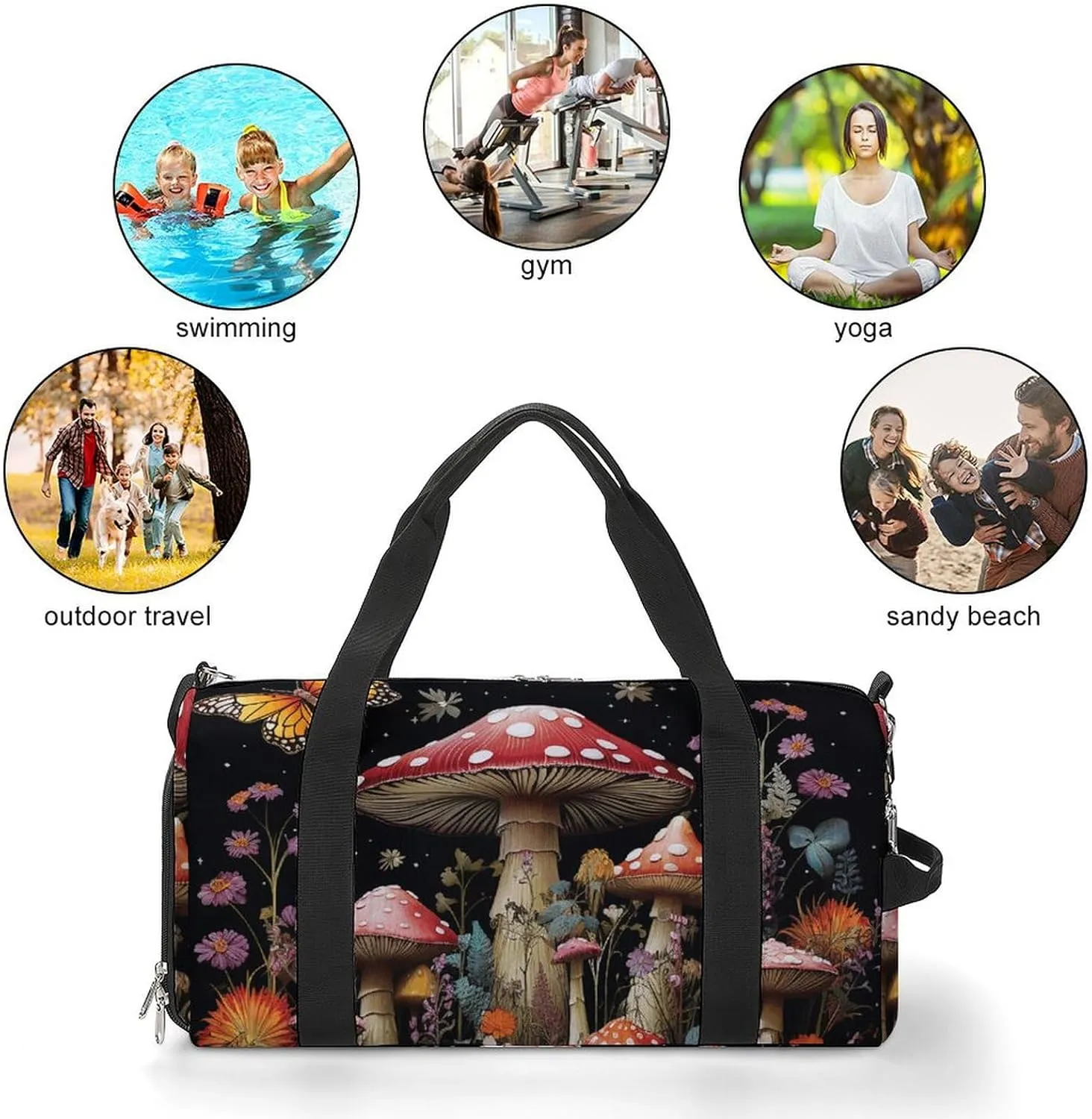 Mushrooms And Butterflies on Black Background Sports Gym Bag Carry on Holdalls for Men Small Duffel Bags for Women with Shoe Compartment