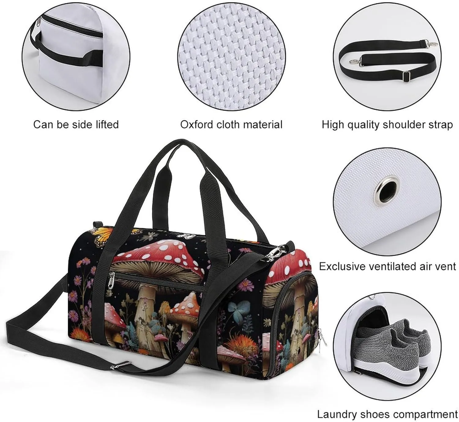 Mushrooms And Butterflies on Black Background Sports Gym Bag Carry on Holdalls for Men Small Duffel Bags for Women with Shoe Compartment