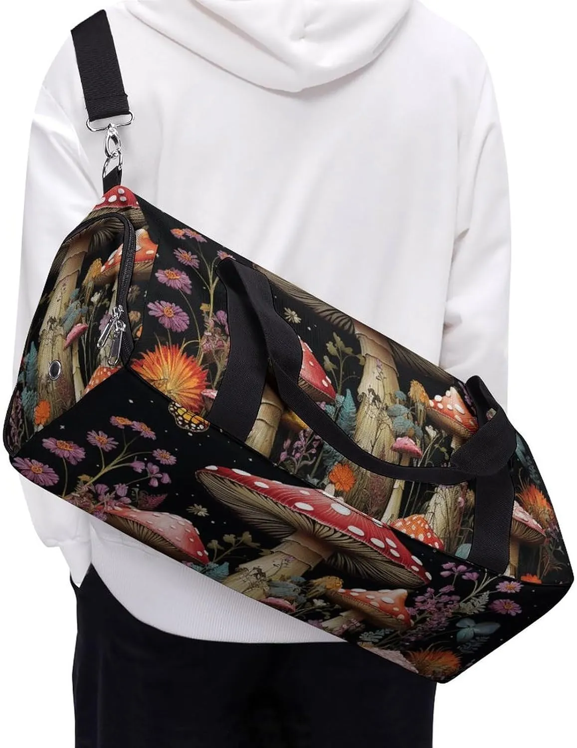 Mushrooms And Butterflies on Black Background Sports Gym Bag Carry on Holdalls for Men Small Duffel Bags for Women with Shoe Compartment