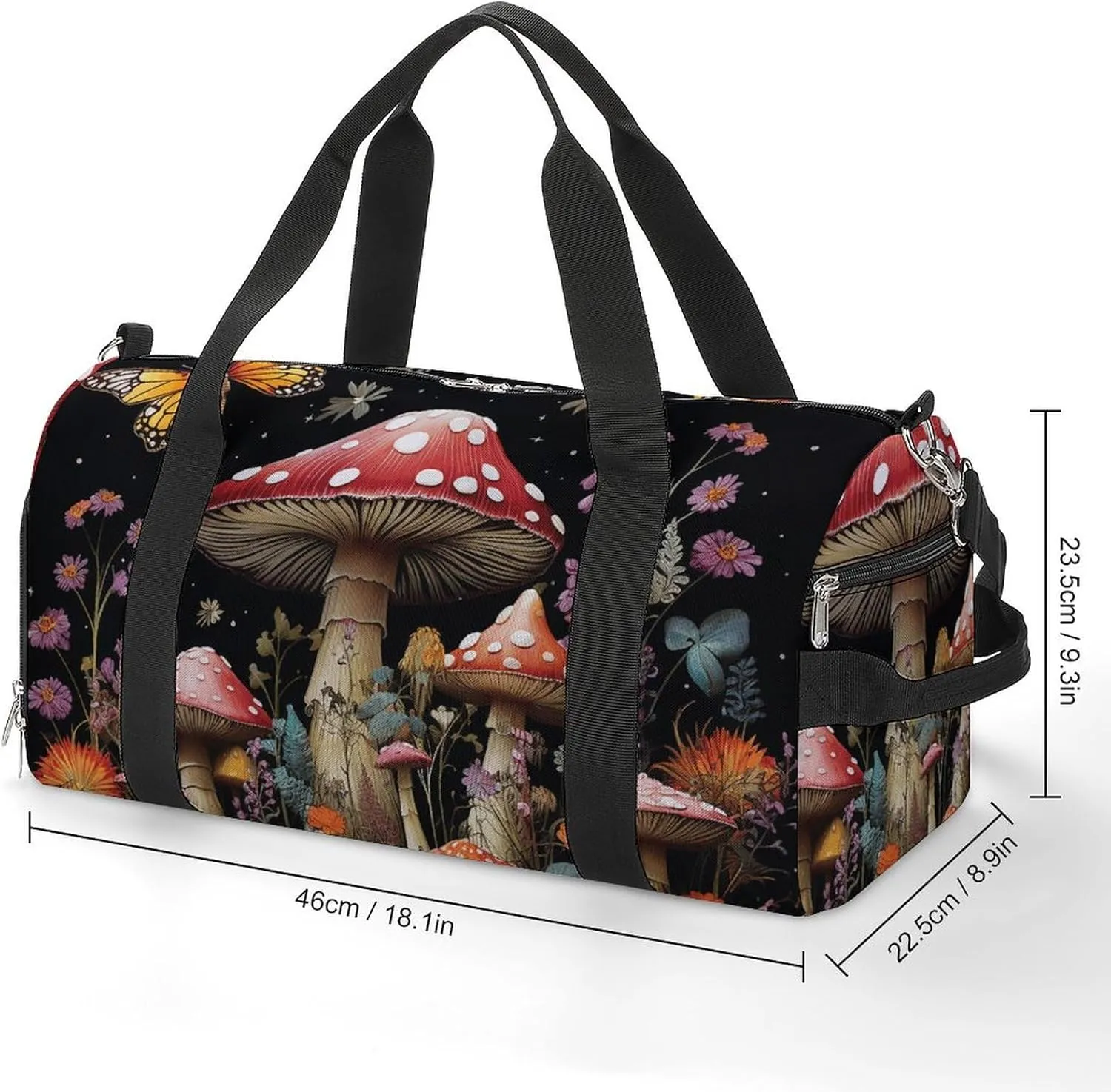 Mushrooms And Butterflies on Black Background Sports Gym Bag Carry on Holdalls for Men Small Duffel Bags for Women with Shoe Compartment