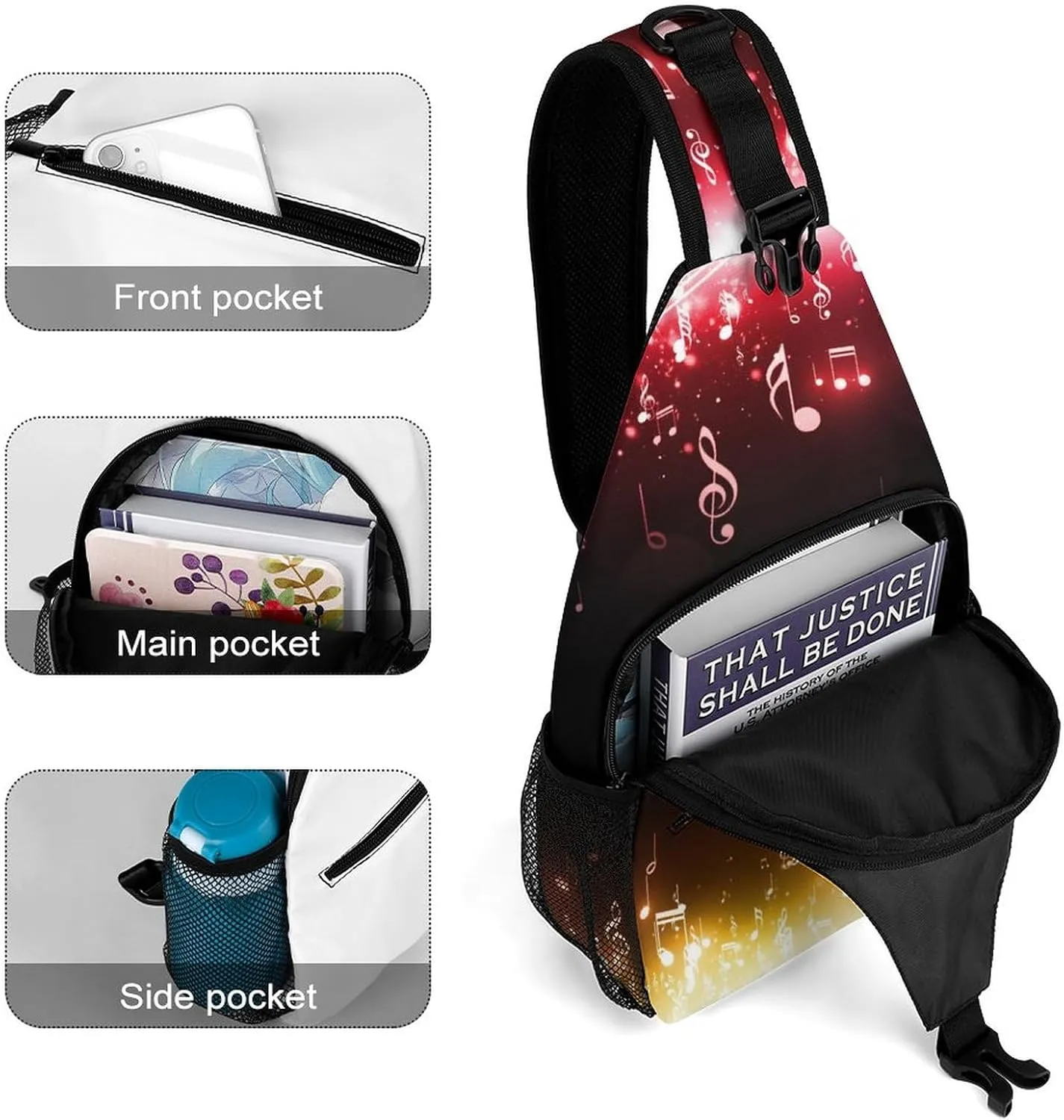 Music Notes Stars Crossbody Sling Backpack Bokeh Lights Colorful Sling Bag Adjustable Travel Hiking Chest Bags Daypack