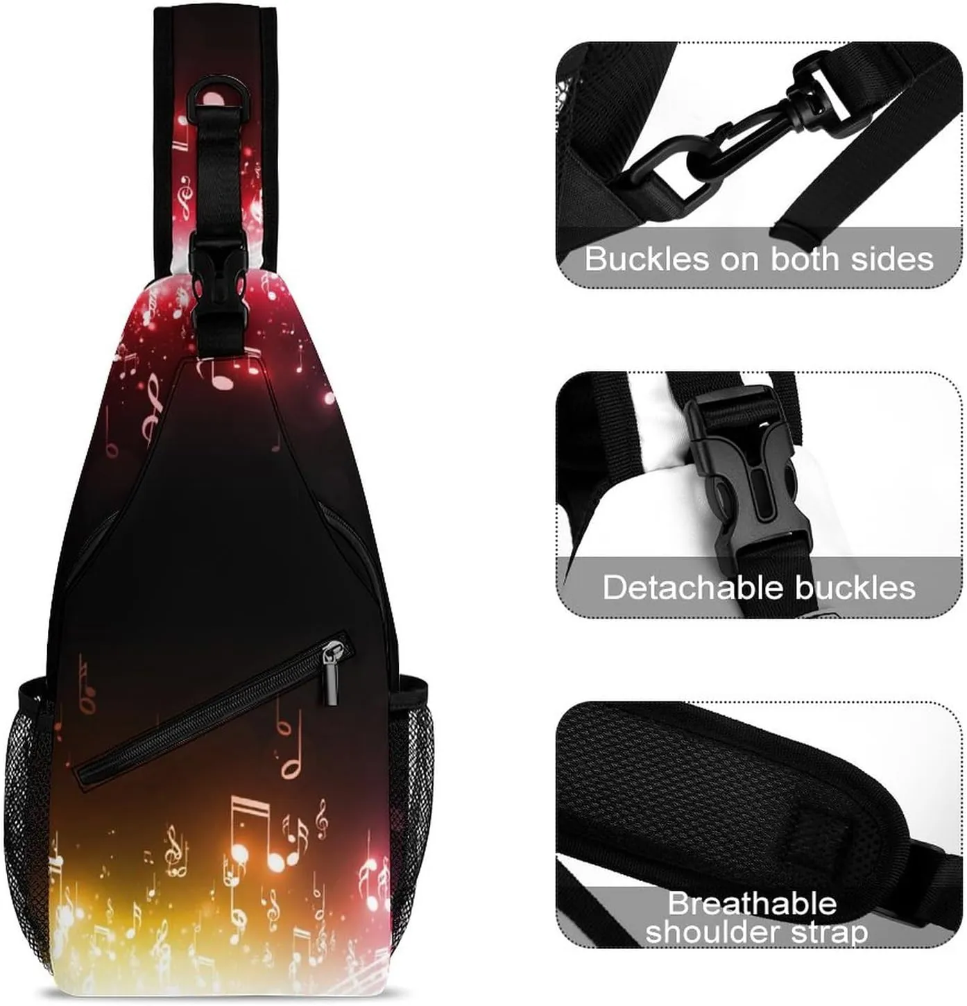 Music Notes Stars Crossbody Sling Backpack Bokeh Lights Colorful Sling Bag Adjustable Travel Hiking Chest Bags Daypack