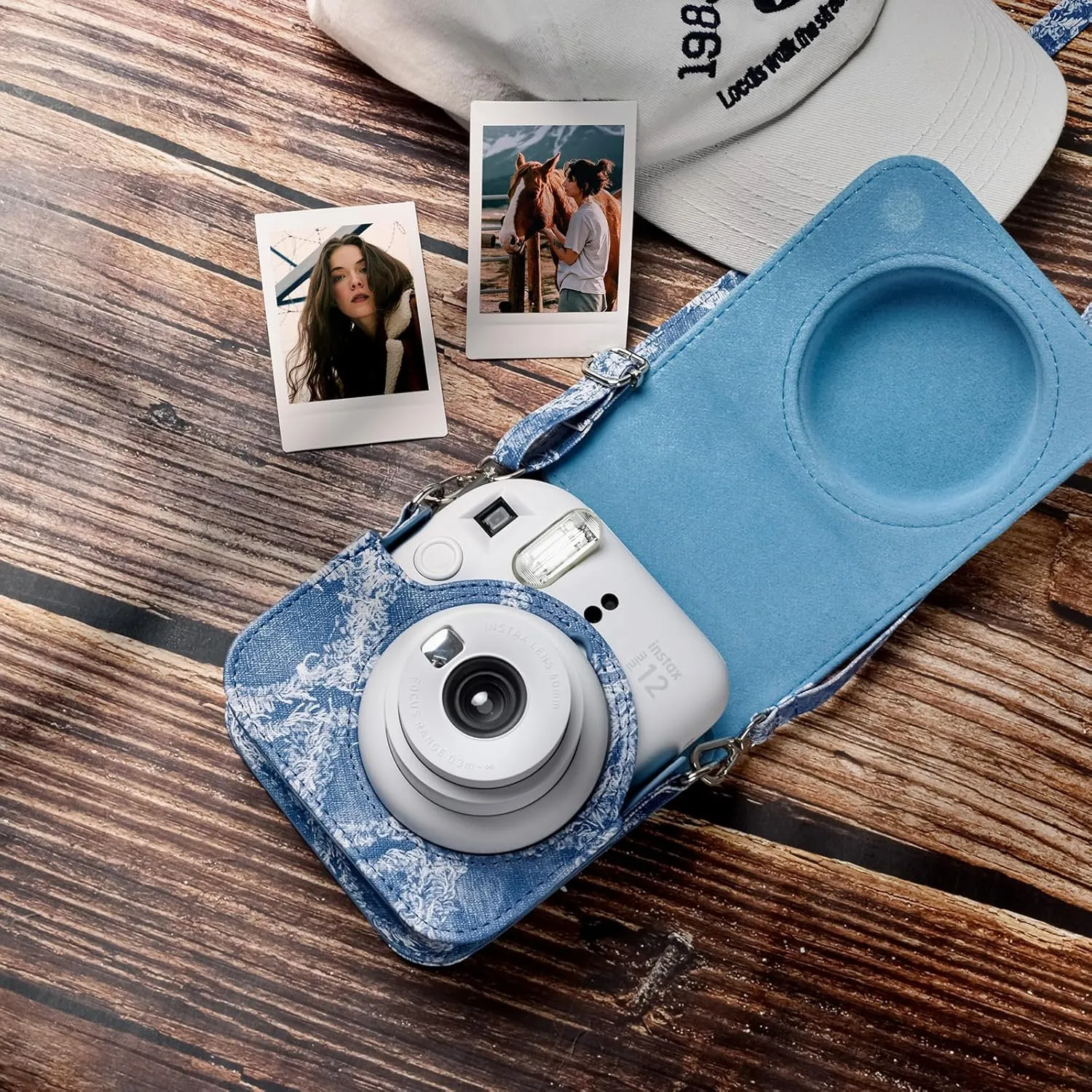 MUZIRI KINOKOO Instax Mini 12 Case - PU Leather Denim Bag Compatible for Fuji Instax Mini 12 Instant Camera -Mini 12 Case with Photo Pocket & Removable Adjustable Strap - Denim Blue