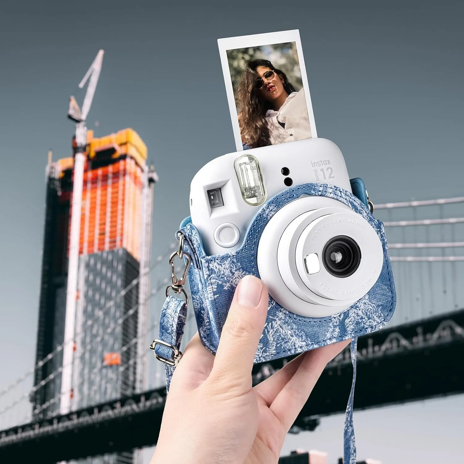 MUZIRI KINOKOO Instax Mini 12 Case - PU Leather Denim Bag Compatible for Fuji Instax Mini 12 Instant Camera -Mini 12 Case with Photo Pocket & Removable Adjustable Strap - Denim Blue