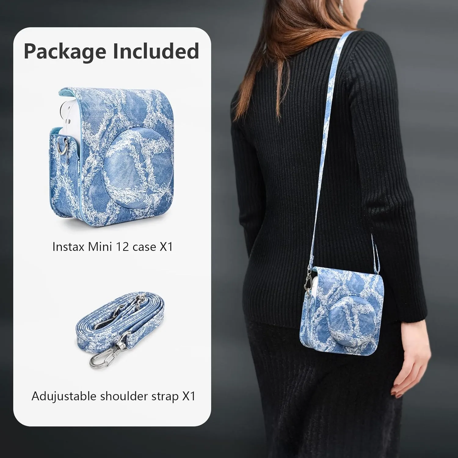 MUZIRI KINOKOO Instax Mini 12 Case - PU Leather Denim Bag Compatible for Fuji Instax Mini 12 Instant Camera -Mini 12 Case with Photo Pocket & Removable Adjustable Strap - Denim Blue