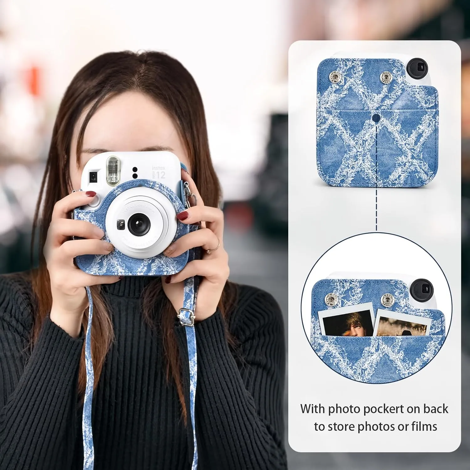 MUZIRI KINOKOO Instax Mini 12 Case - PU Leather Denim Bag Compatible for Fuji Instax Mini 12 Instant Camera -Mini 12 Case with Photo Pocket & Removable Adjustable Strap - Denim Blue