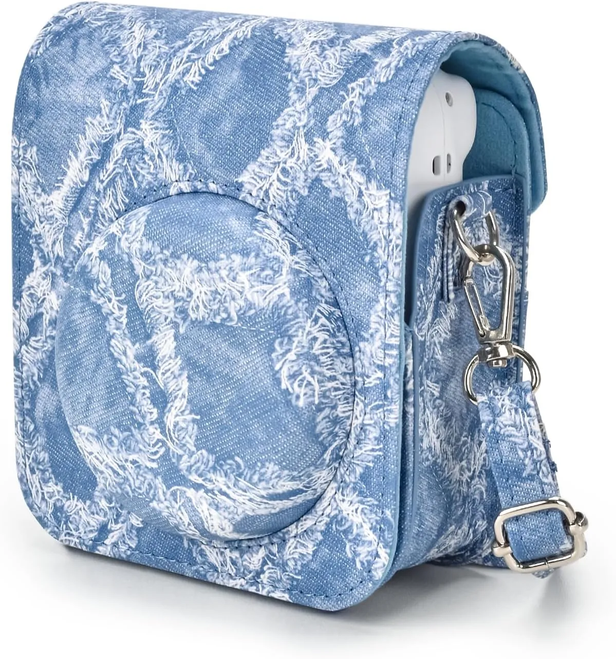 MUZIRI KINOKOO Instax Mini 12 Case - PU Leather Denim Bag Compatible for Fuji Instax Mini 12 Instant Camera -Mini 12 Case with Photo Pocket & Removable Adjustable Strap - Denim Blue