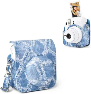 MUZIRI KINOKOO Instax Mini 12 Case - PU Leather Denim Bag Compatible for Fuji Instax Mini 12 Instant Camera -Mini 12 Case with Photo Pocket & Removable Adjustable Strap - Denim Blue