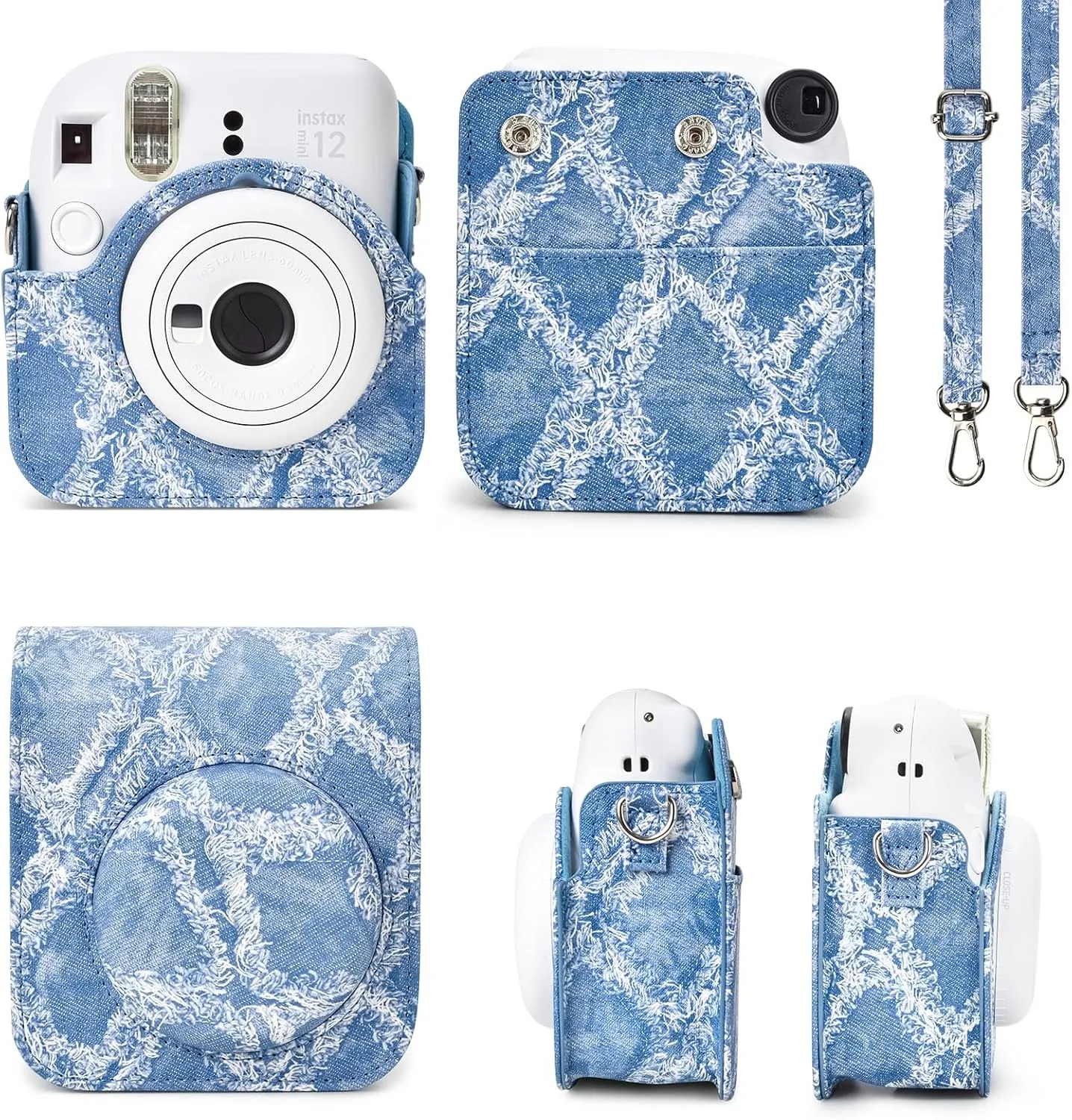MUZIRI KINOKOO Instax Mini 12 Case - PU Leather Denim Bag Compatible for Fuji Instax Mini 12 Instant Camera -Mini 12 Case with Photo Pocket & Removable Adjustable Strap - Denim Blue