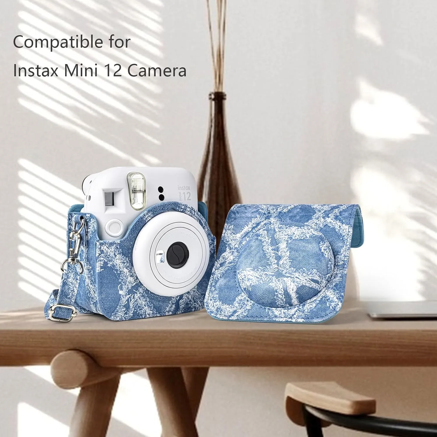 MUZIRI KINOKOO Instax Mini 12 Case - PU Leather Denim Bag Compatible for Fuji Instax Mini 12 Instant Camera -Mini 12 Case with Photo Pocket & Removable Adjustable Strap - Denim Blue