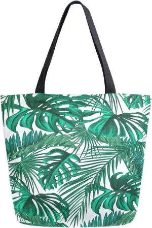 Naanle Palm Tree Canvas Tote Bag Large Women Casual Shoulder Bag Handbag, Watercolor Palm Leaf Reusable Multipurpose Heavy Duty Shopping Grocery Cotton Bag for Outdoors.