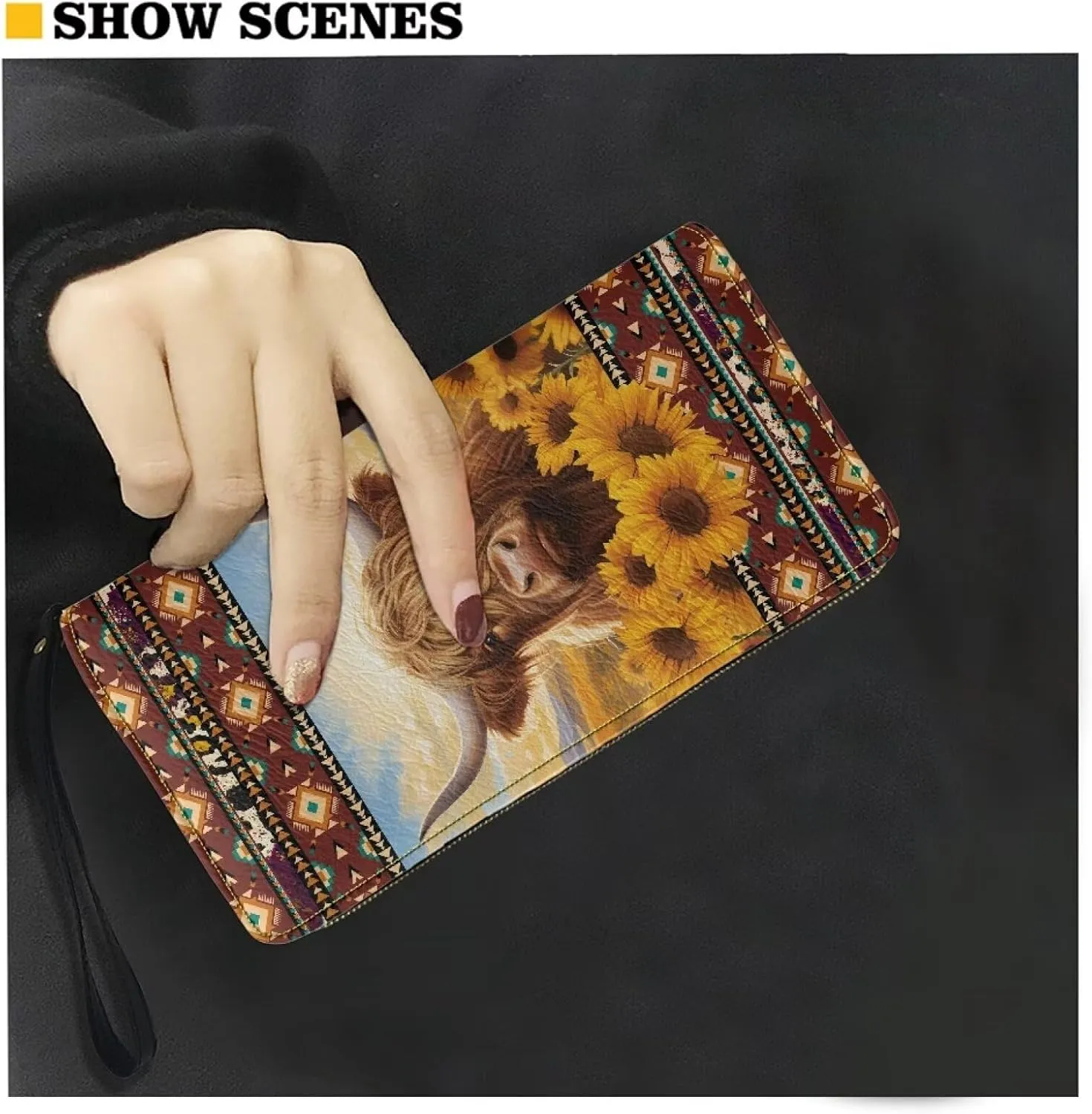 Native Aztec Clutch Purse for Women Highland Cow Leather Womens Wristlet Wallet Sunflower Ladies Zipper Wallets Western RFID Blocking Card Holder Southwestern Aztec Long Purses Handbags