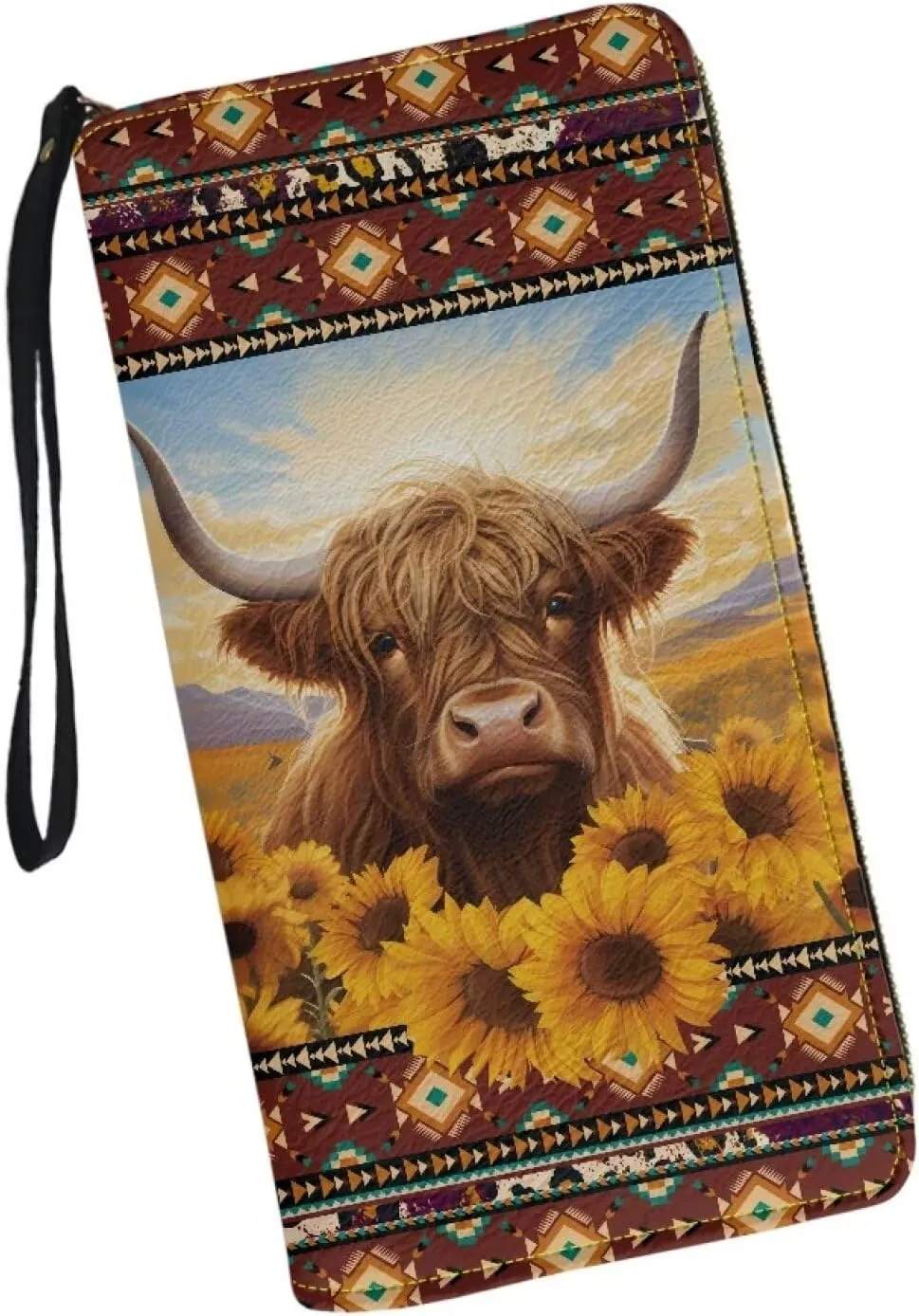 Native Aztec Clutch Purse for Women Highland Cow Leather Womens Wristlet Wallet Sunflower Ladies Zipper Wallets Western RFID Blocking Card Holder Southwestern Aztec Long Purses Handbags