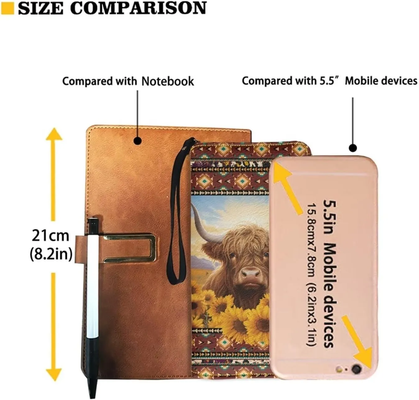 Native Aztec Clutch Purse for Women Highland Cow Leather Womens Wristlet Wallet Sunflower Ladies Zipper Wallets Western RFID Blocking Card Holder Southwestern Aztec Long Purses Handbags