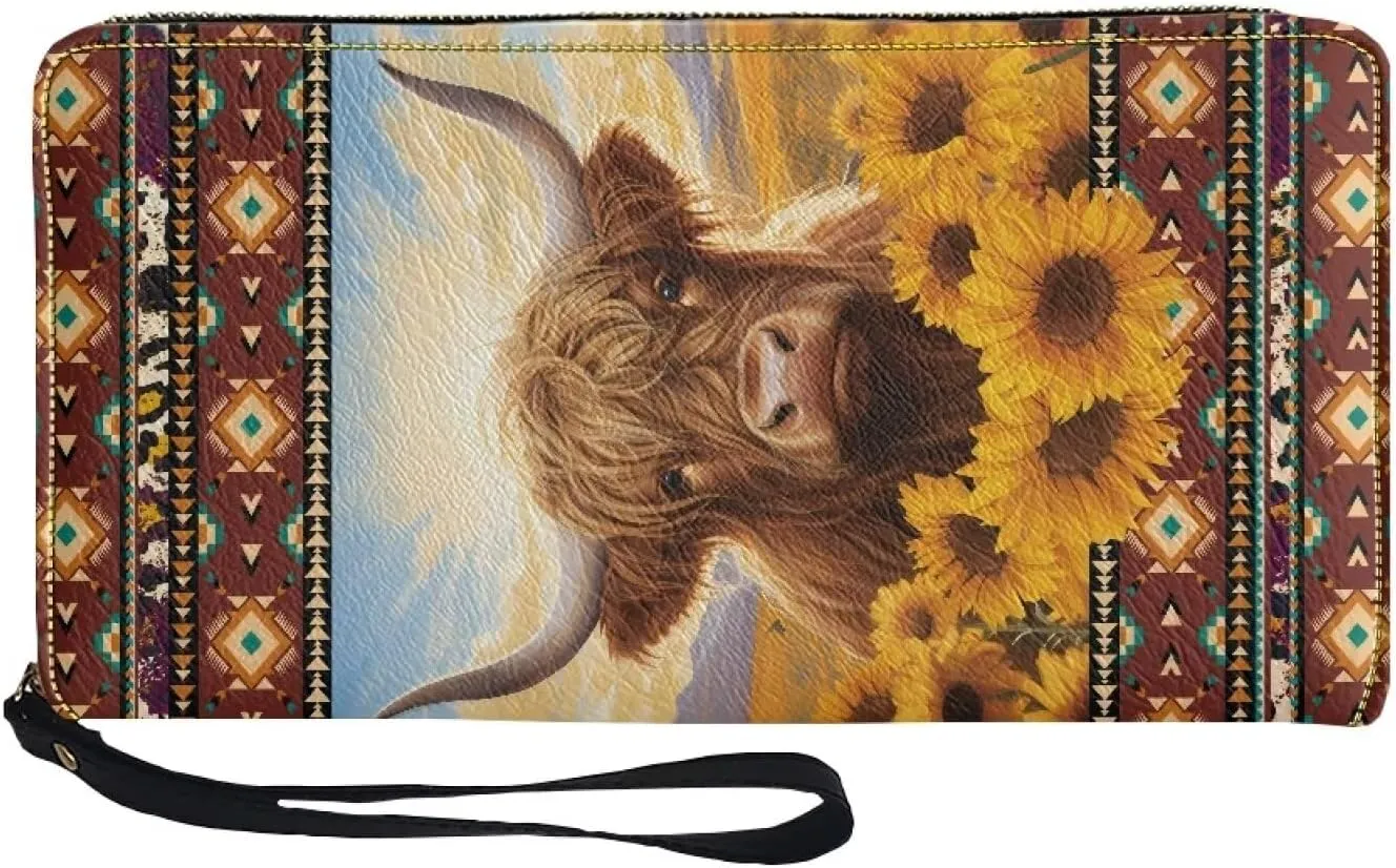 Native Aztec Clutch Purse for Women Highland Cow Leather Womens Wristlet Wallet Sunflower Ladies Zipper Wallets Western RFID Blocking Card Holder Southwestern Aztec Long Purses Handbags