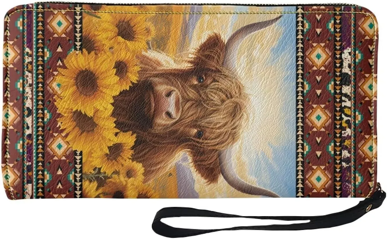 Native Aztec Clutch Purse for Women Highland Cow Leather Womens Wristlet Wallet Sunflower Ladies Zipper Wallets Western RFID Blocking Card Holder Southwestern Aztec Long Purses Handbags