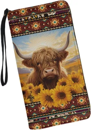 Native Aztec Clutch Purse for Women Highland Cow Leather Womens Wristlet Wallet Sunflower Ladies Zipper Wallets Western RFID Blocking Card Holder Southwestern Aztec Long Purses Handbags