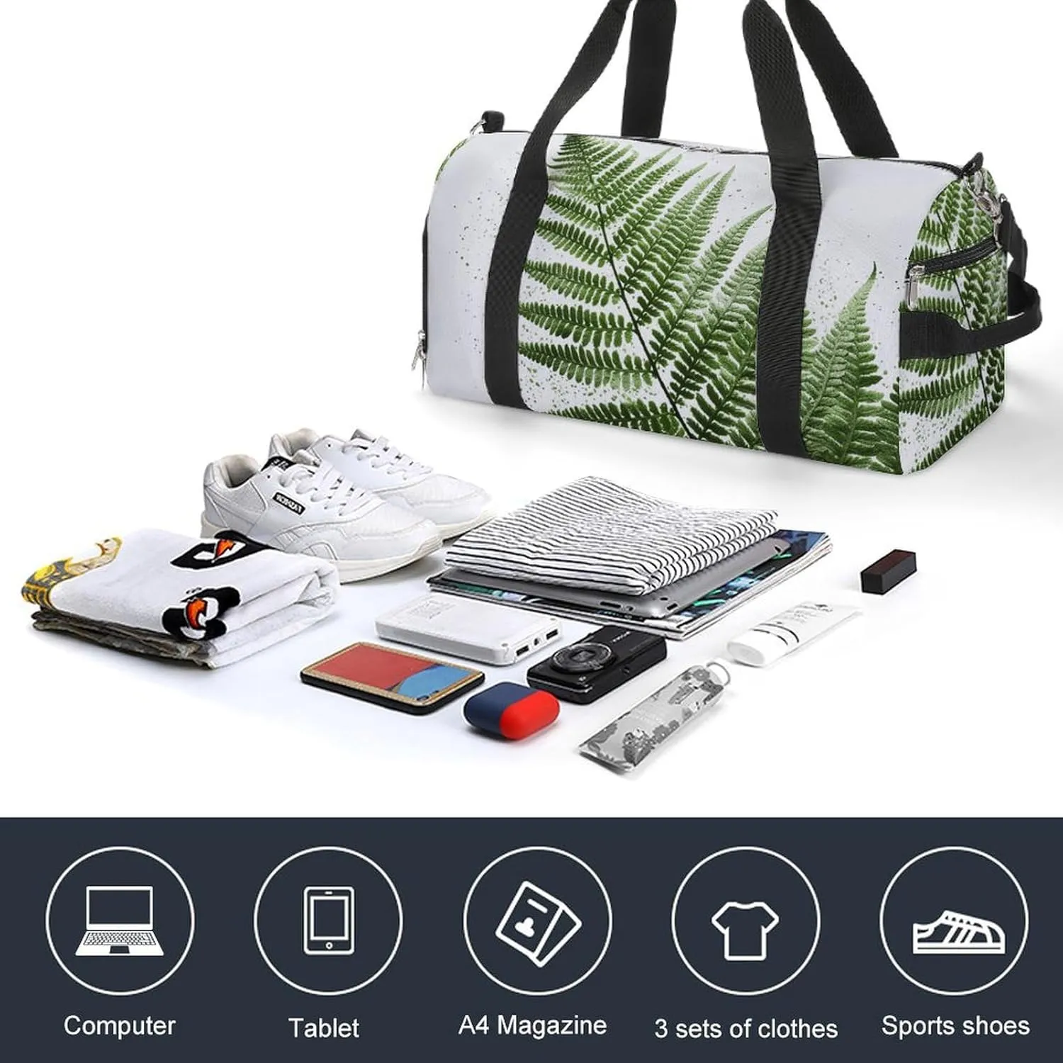 Natural Plant Silhouette Fern Leaf Sports Gym Bag Carry on Holdalls for Men Small Duffel Bags for Women with Shoe Compartment