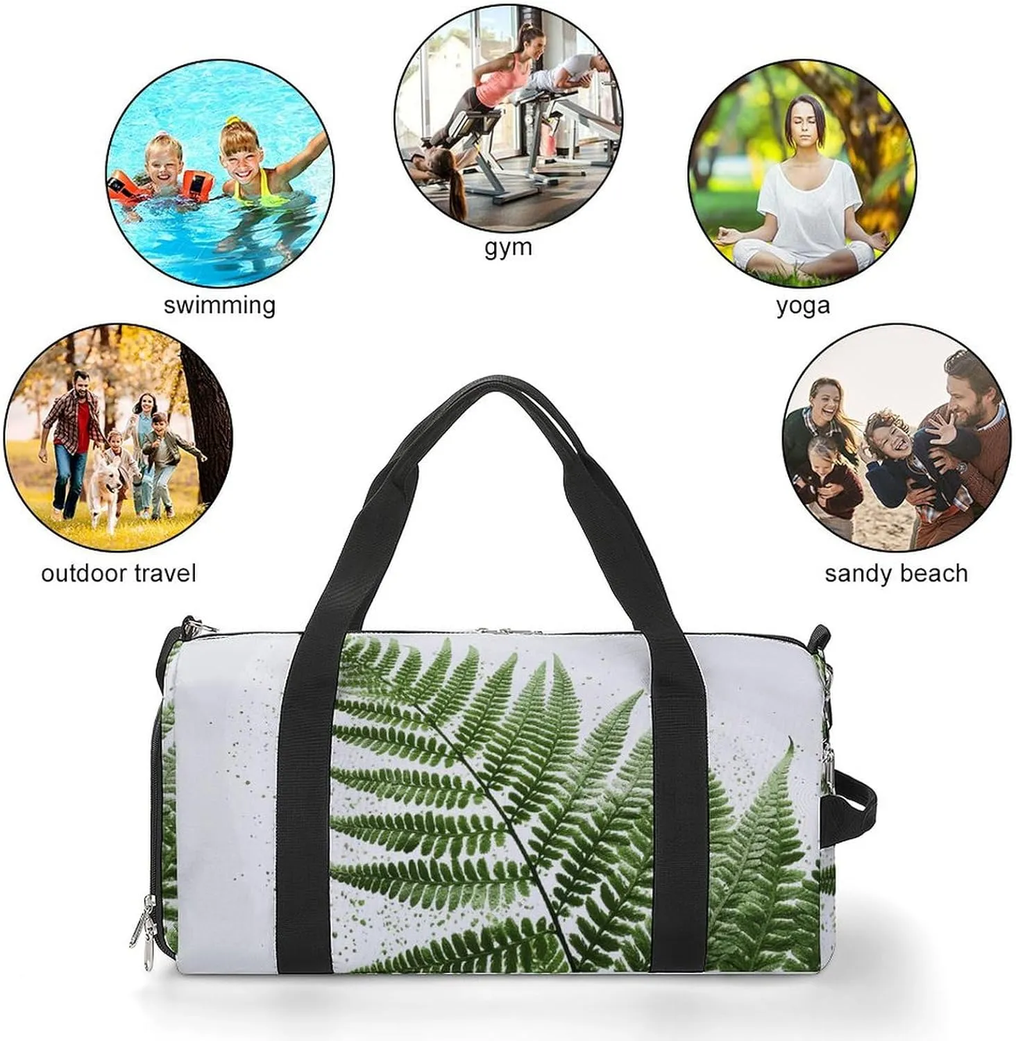 Natural Plant Silhouette Fern Leaf Sports Gym Bag Carry on Holdalls for Men Small Duffel Bags for Women with Shoe Compartment