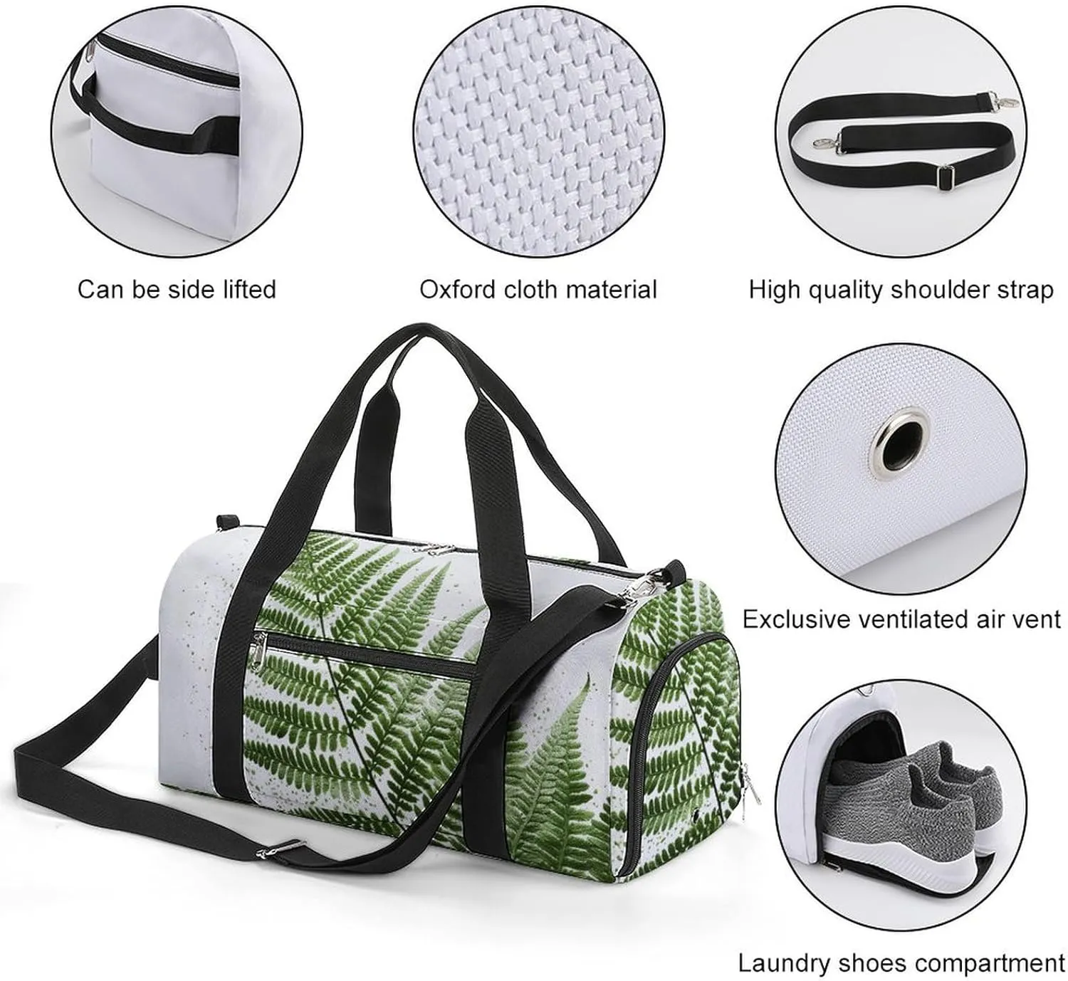 Natural Plant Silhouette Fern Leaf Sports Gym Bag Carry on Holdalls for Men Small Duffel Bags for Women with Shoe Compartment