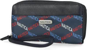 Nautica On The Double Zip Around Vegan Leather Womens RFID Clutch Wallet With Wristlet Strap, In the Waves