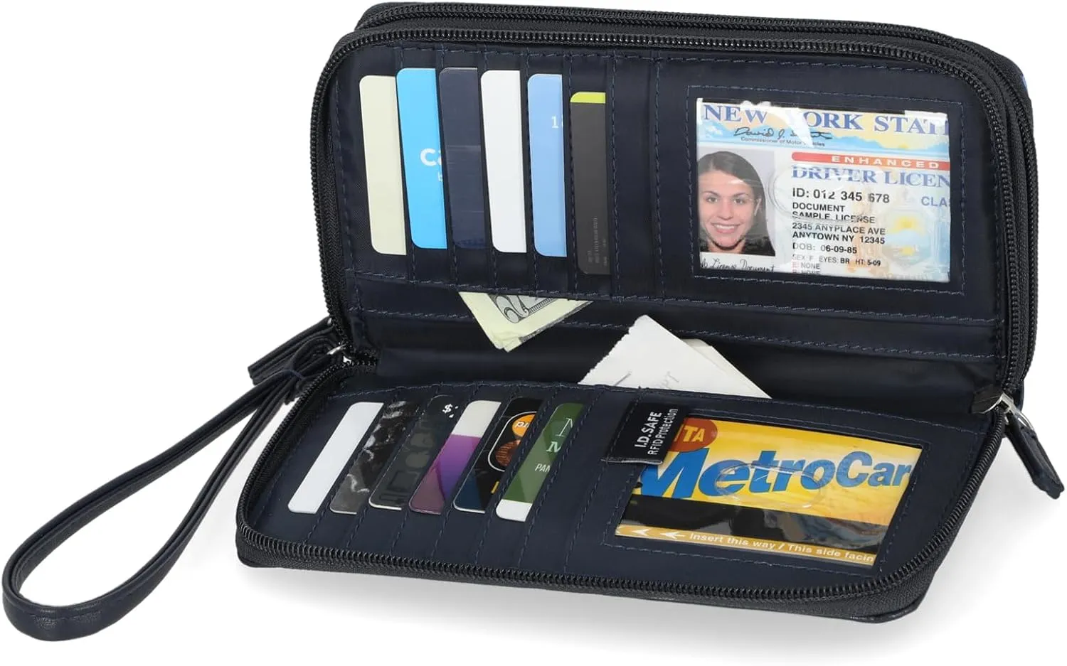 Nautica On The Double Zip Around Vegan Leather Womens RFID Clutch Wallet With Wristlet Strap, In the Waves