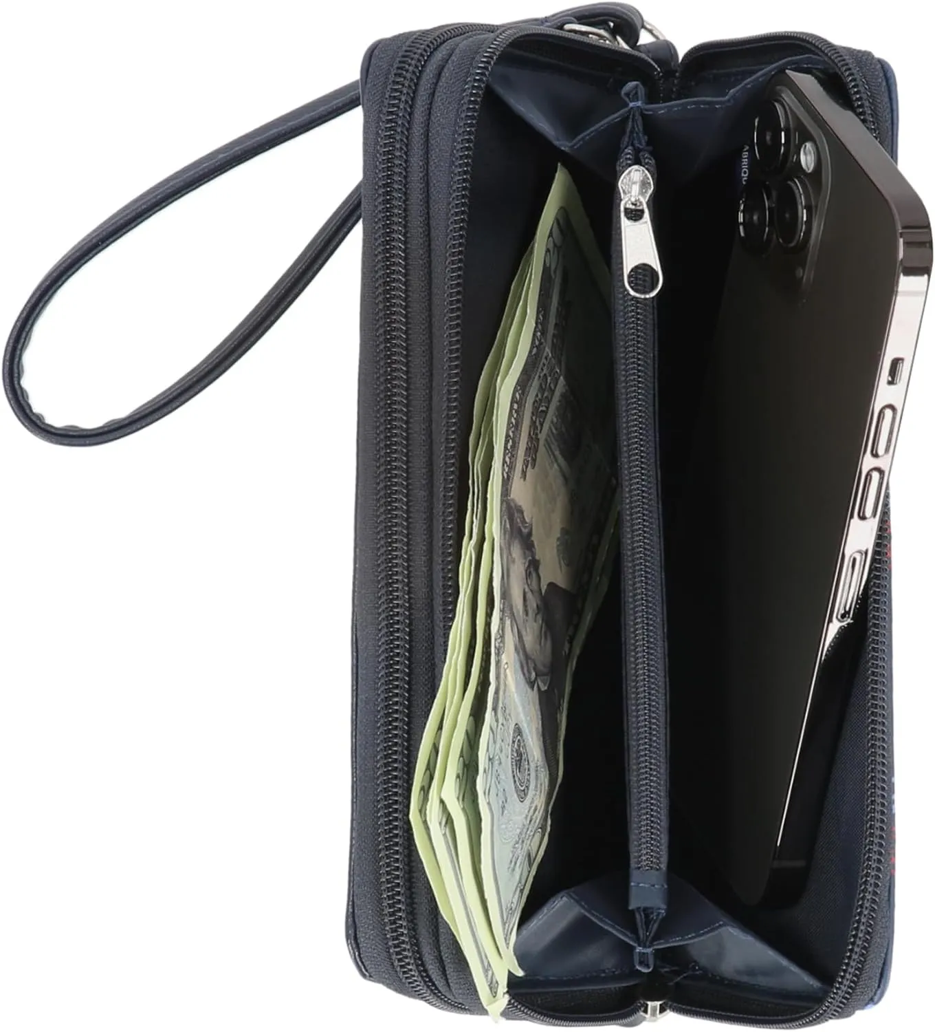 Nautica On The Double Zip Around Vegan Leather Womens RFID Clutch Wallet With Wristlet Strap, In the Waves