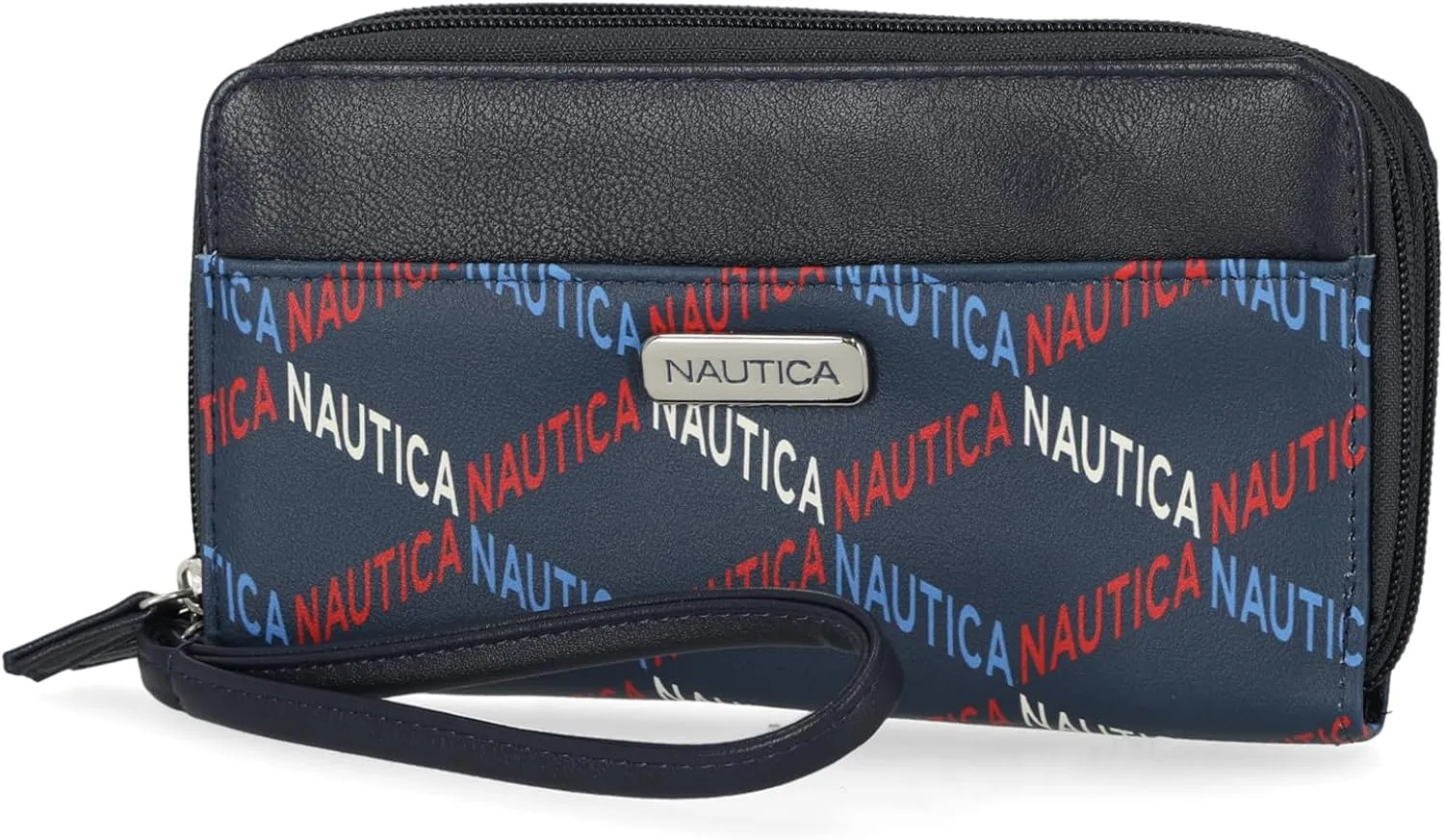 Nautica On The Double Zip Around Vegan Leather Womens RFID Clutch Wallet With Wristlet Strap, In the Waves