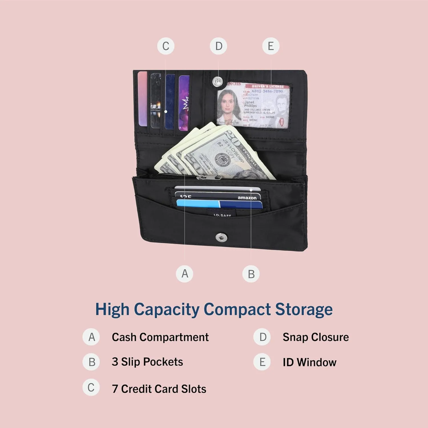 Nautica Seaside Slim Womens Wallet RFID Blocking Credit Card Holder, Coin Purse, Checkbook Organizer Clutch, Small Vegan Leather Wallet for Travel, Black (Logo)