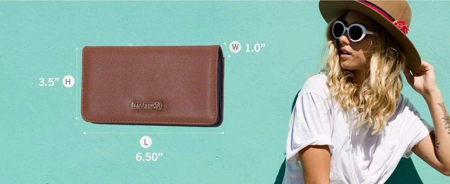 Nautica Seaside Slim Womens Wallet RFID Blocking Credit Card Holder, Coin Purse, Checkbook Organizer Clutch, Small Vegan Leather Wallet for Travel, Black (Logo)