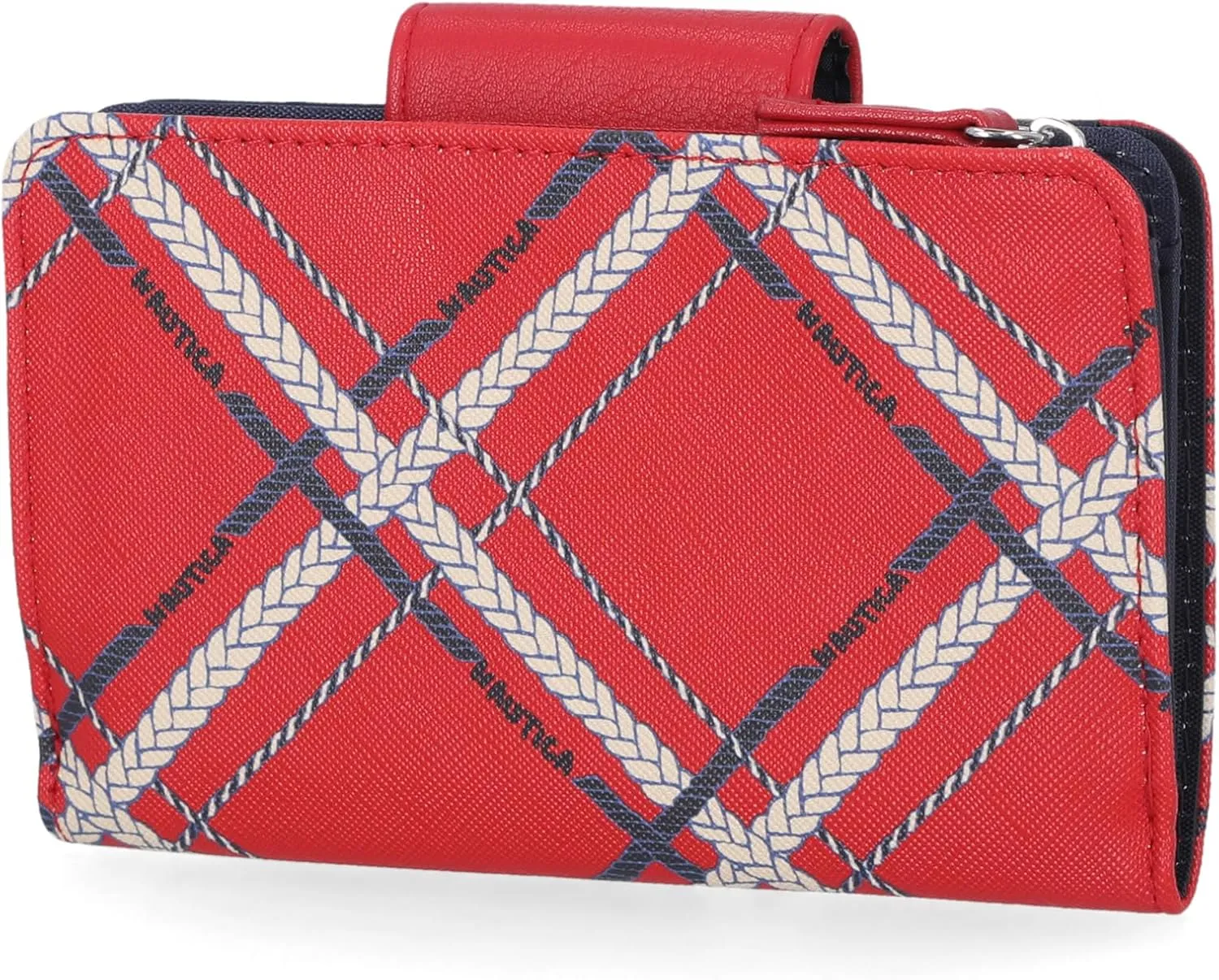 Nautica Womens, Close Reach Vegan Leather RFID Wallet, Small Credit Card Holder Purse with Zipper Coin Pocket and ID Window in Fuego Red/Indigo Plaid