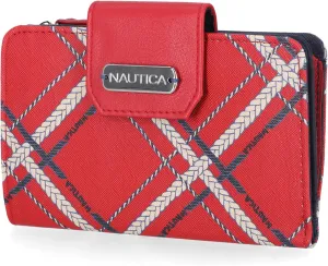 Nautica Womens, Close Reach Vegan Leather RFID Wallet, Small Credit Card Holder Purse with Zipper Coin Pocket and ID Window in Fuego Red/Indigo Plaid