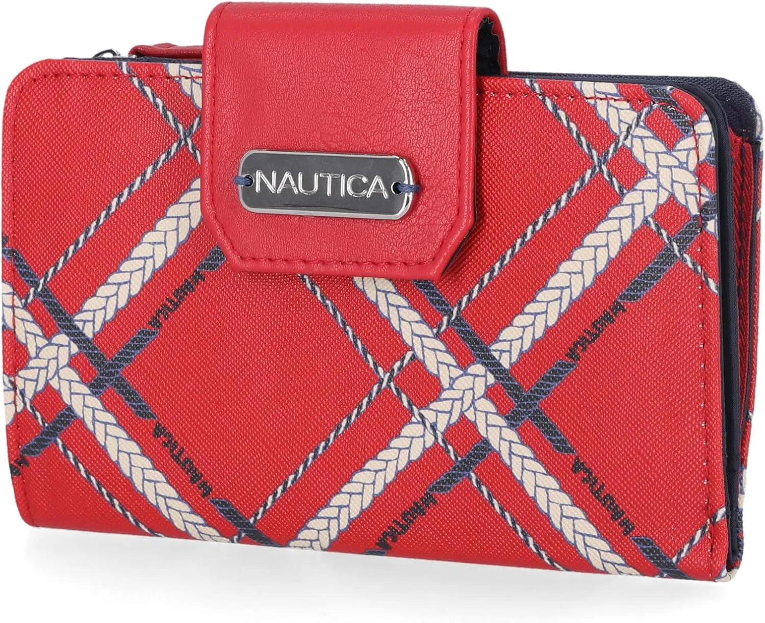 Nautica Womens, Close Reach Vegan Leather RFID Wallet, Small Credit Card Holder Purse with Zipper Coin Pocket and ID Window in Fuego Red/Indigo Plaid