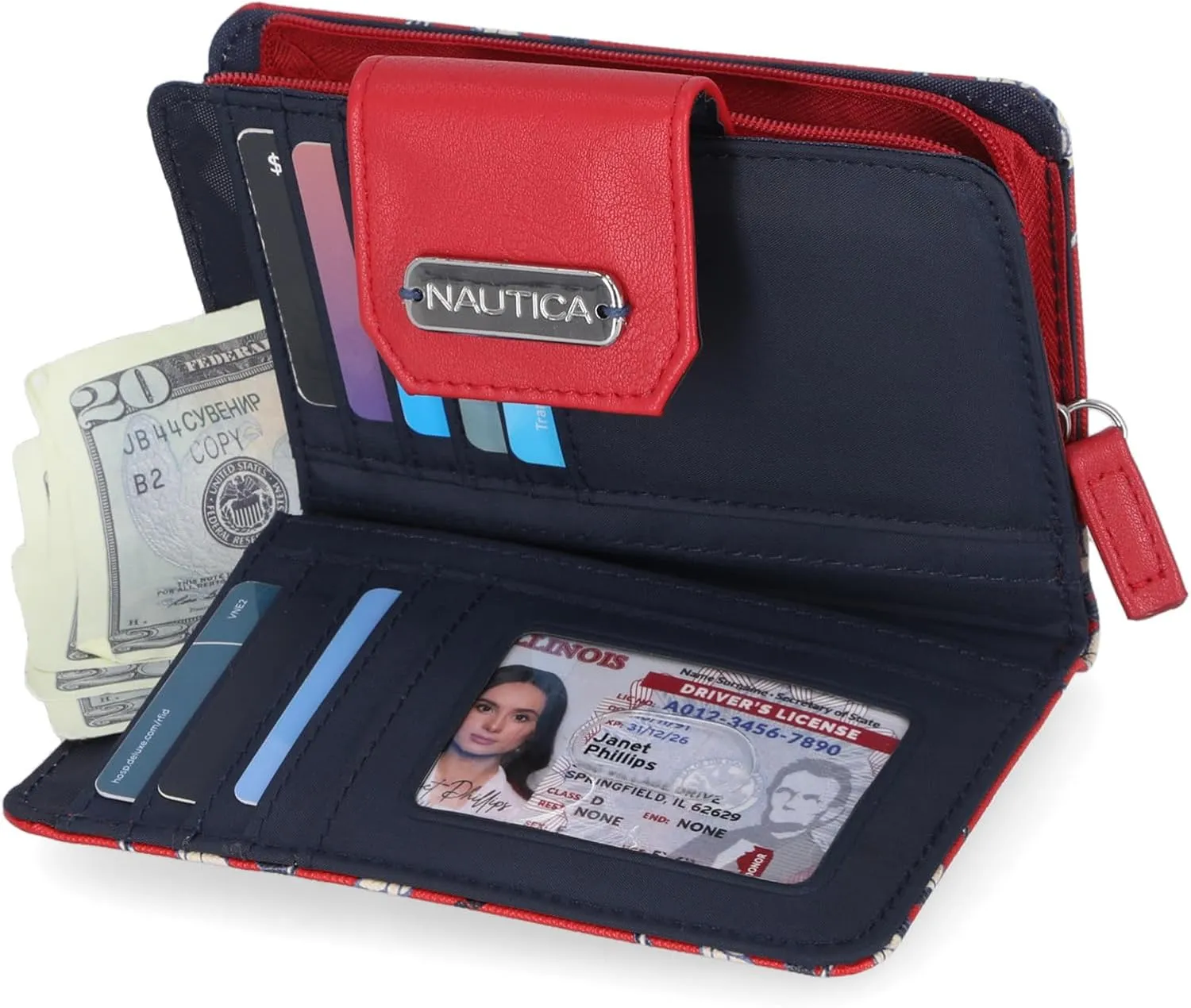 Nautica Womens, Close Reach Vegan Leather RFID Wallet, Small Credit Card Holder Purse with Zipper Coin Pocket and ID Window in Fuego Red/Indigo Plaid