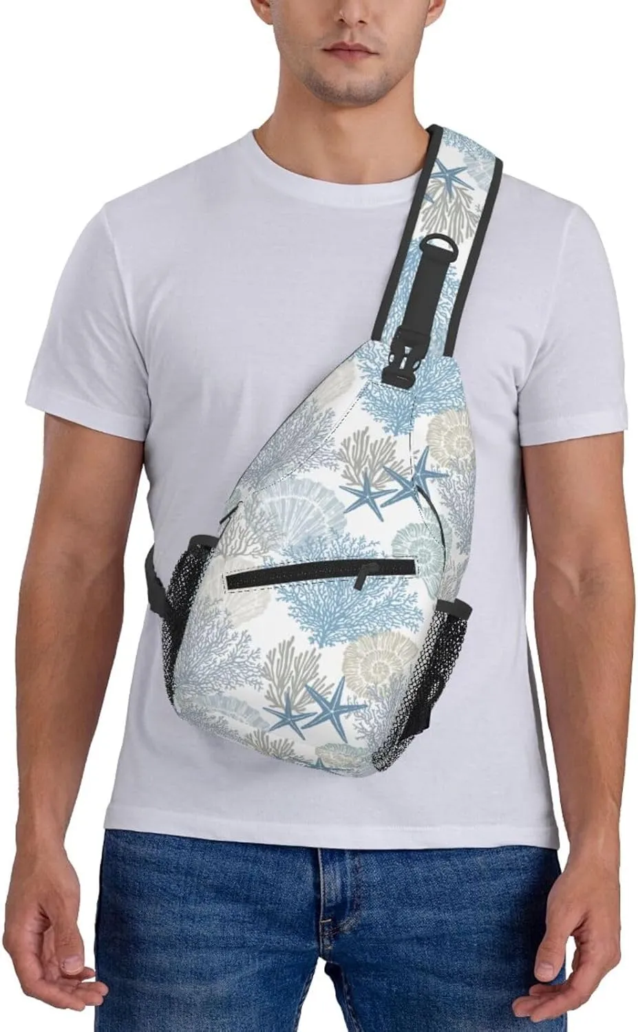 Nautical Coastal Sling Bag for Women Crossbody Bag Marine Pattern with Starfish Seashell Mollusk Coral Sling Backpack for Men Underwater Themed Shoulder Bag Sports Travel Hiking Daypack
