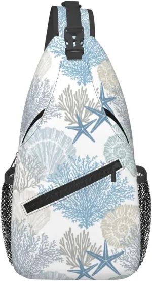 Nautical Coastal Sling Bag for Women Crossbody Bag Marine Pattern with Starfish Seashell Mollusk Coral Sling Backpack for Men Underwater Themed Shoulder Bag Sports Travel Hiking Daypack