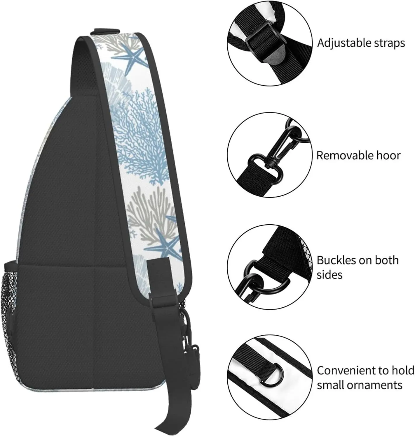 Nautical Coastal Sling Bag for Women Crossbody Bag Marine Pattern with Starfish Seashell Mollusk Coral Sling Backpack for Men Underwater Themed Shoulder Bag Sports Travel Hiking Daypack
