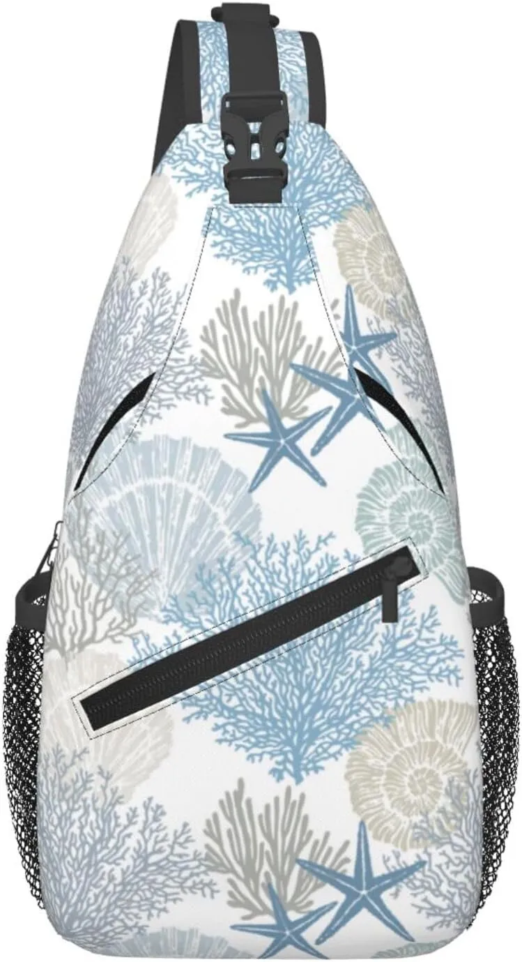 Nautical Coastal Sling Bag for Women Crossbody Bag Marine Pattern with Starfish Seashell Mollusk Coral Sling Backpack for Men Underwater Themed Shoulder Bag Sports Travel Hiking Daypack