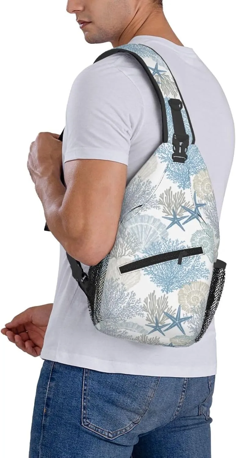 Nautical Coastal Sling Bag for Women Crossbody Bag Marine Pattern with Starfish Seashell Mollusk Coral Sling Backpack for Men Underwater Themed Shoulder Bag Sports Travel Hiking Daypack