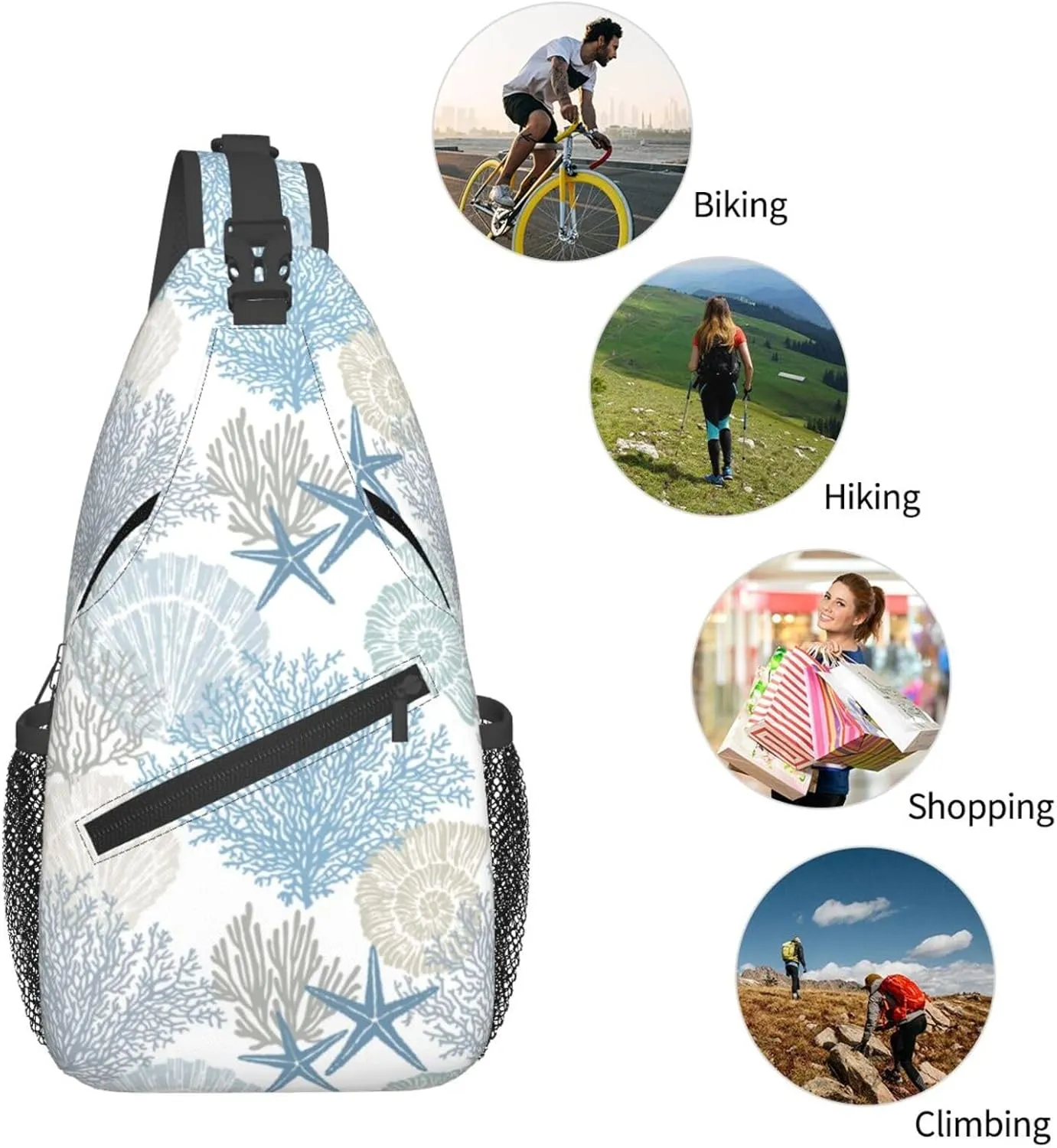 Nautical Coastal Sling Bag for Women Crossbody Bag Marine Pattern with Starfish Seashell Mollusk Coral Sling Backpack for Men Underwater Themed Shoulder Bag Sports Travel Hiking Daypack