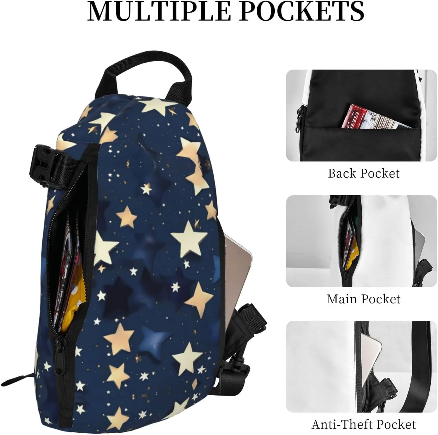 Navy Blue Sky And Stars Print Crossbody Backpack Casual Adjustable Bag Multifunctional Sling Backpack