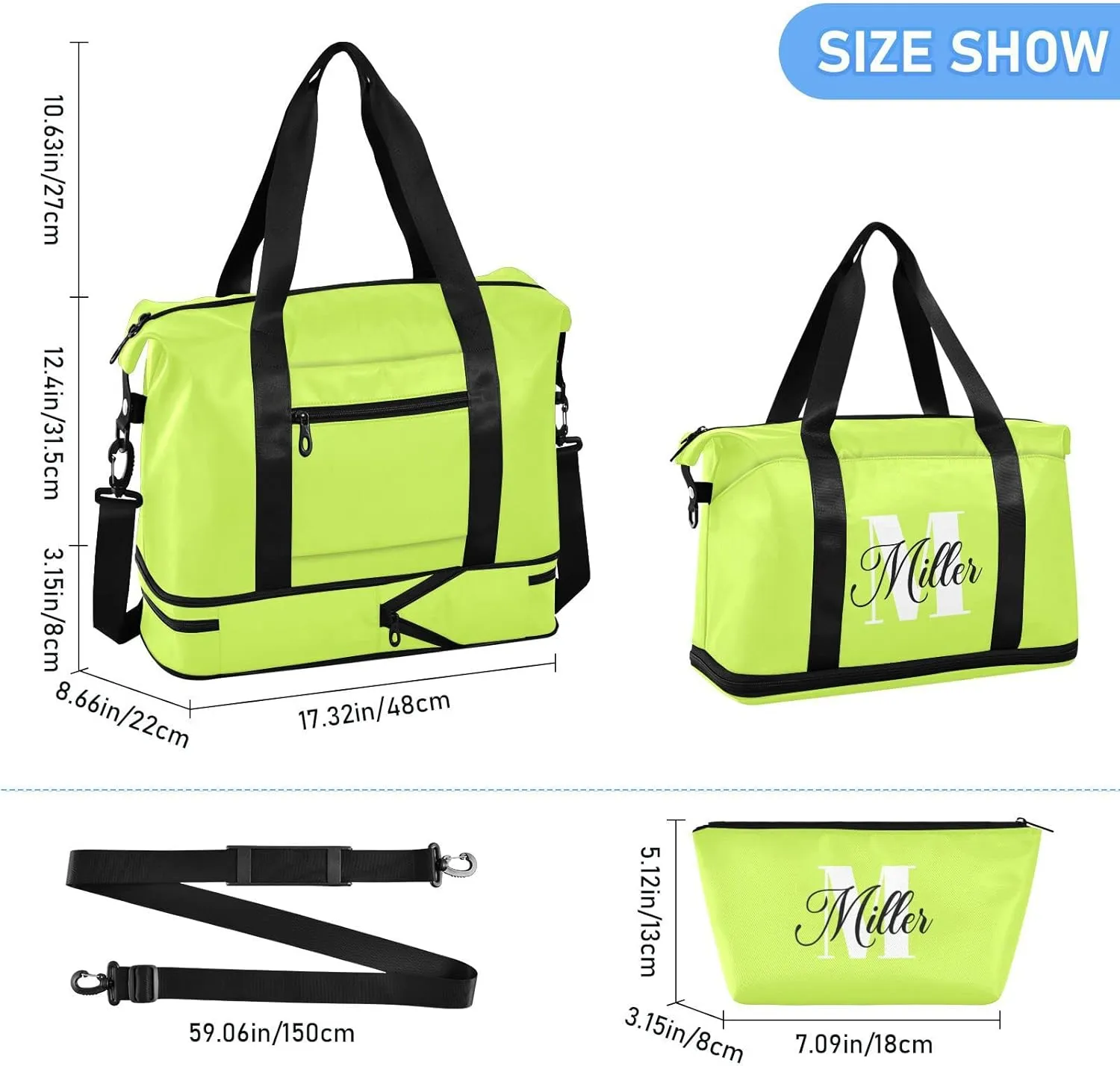 Neon Yellow Custom Travel Duffel Bag for Women Men Gym Bag with Shoe Compartment Wet Pocket Personalized Carry On Weekender Overnight Bags for Traveling Gym Workout
