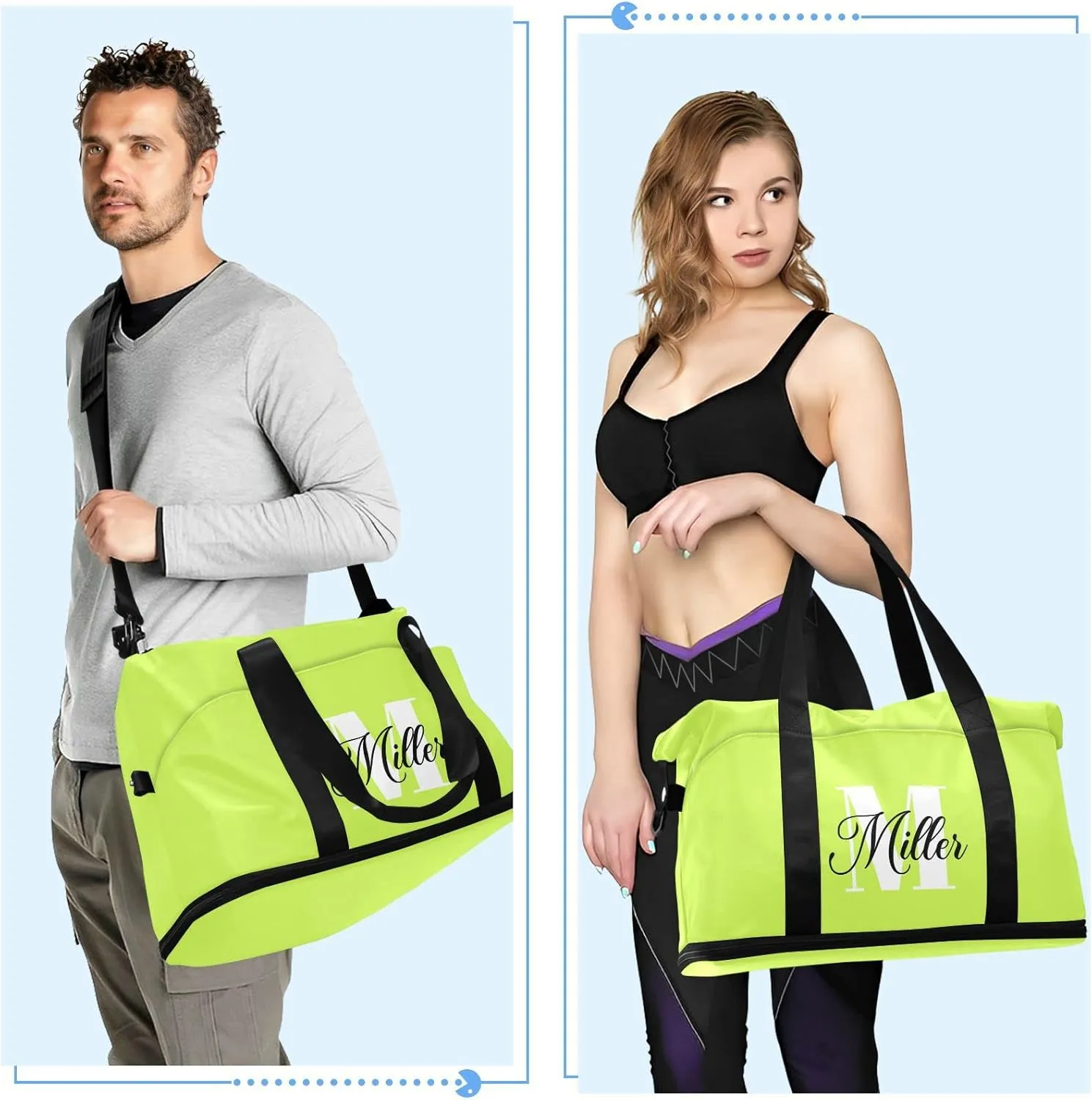 Neon Yellow Custom Travel Duffel Bag for Women Men Gym Bag with Shoe Compartment Wet Pocket Personalized Carry On Weekender Overnight Bags for Traveling Gym Workout