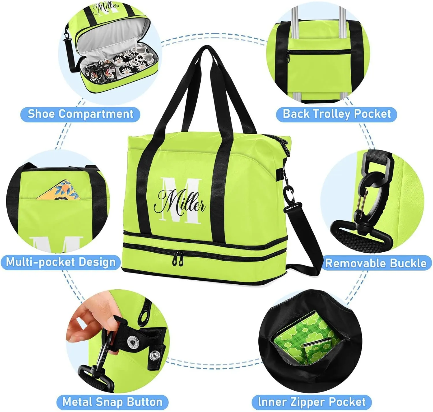 Neon Yellow Custom Travel Duffel Bag for Women Men Gym Bag with Shoe Compartment Wet Pocket Personalized Carry On Weekender Overnight Bags for Traveling Gym Workout