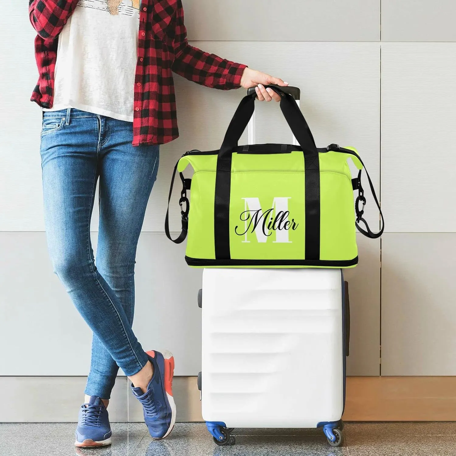Neon Yellow Custom Travel Duffel Bag for Women Men Gym Bag with Shoe Compartment Wet Pocket Personalized Carry On Weekender Overnight Bags for Traveling Gym Workout