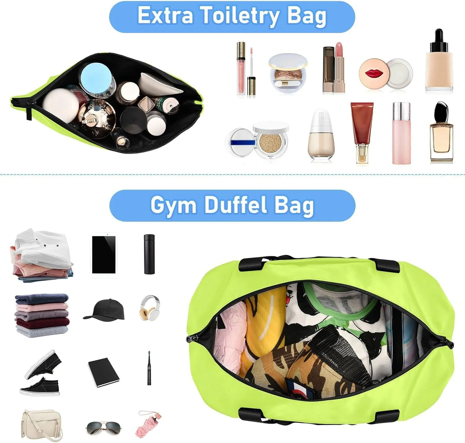 Neon Yellow Custom Travel Duffel Bag for Women Men Gym Bag with Shoe Compartment Wet Pocket Personalized Carry On Weekender Overnight Bags for Traveling Gym Workout