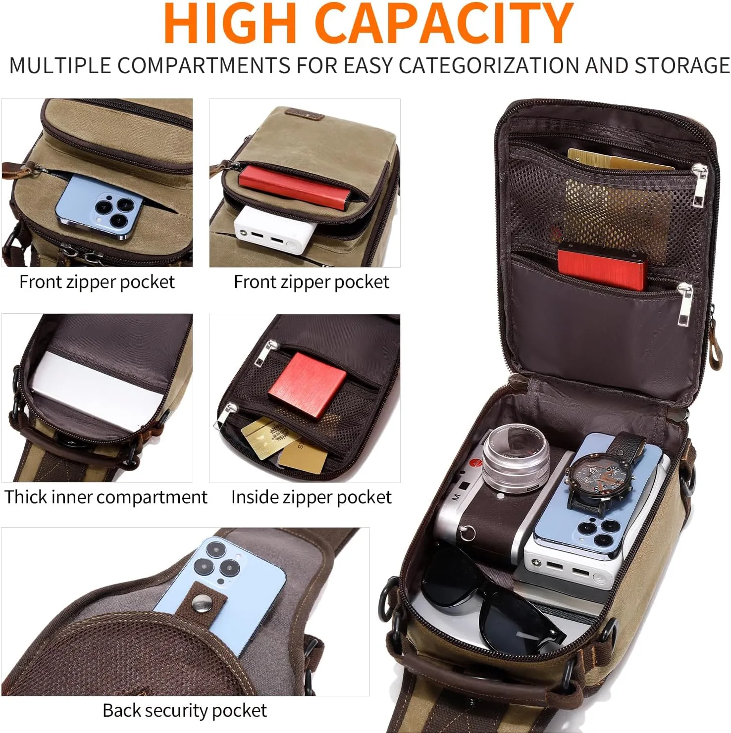 Nerlion Sling Bag for Men Waxed Canvas Crossbody Bag Chest Bag Water Resistant Shoulder Bag Casual Daypack