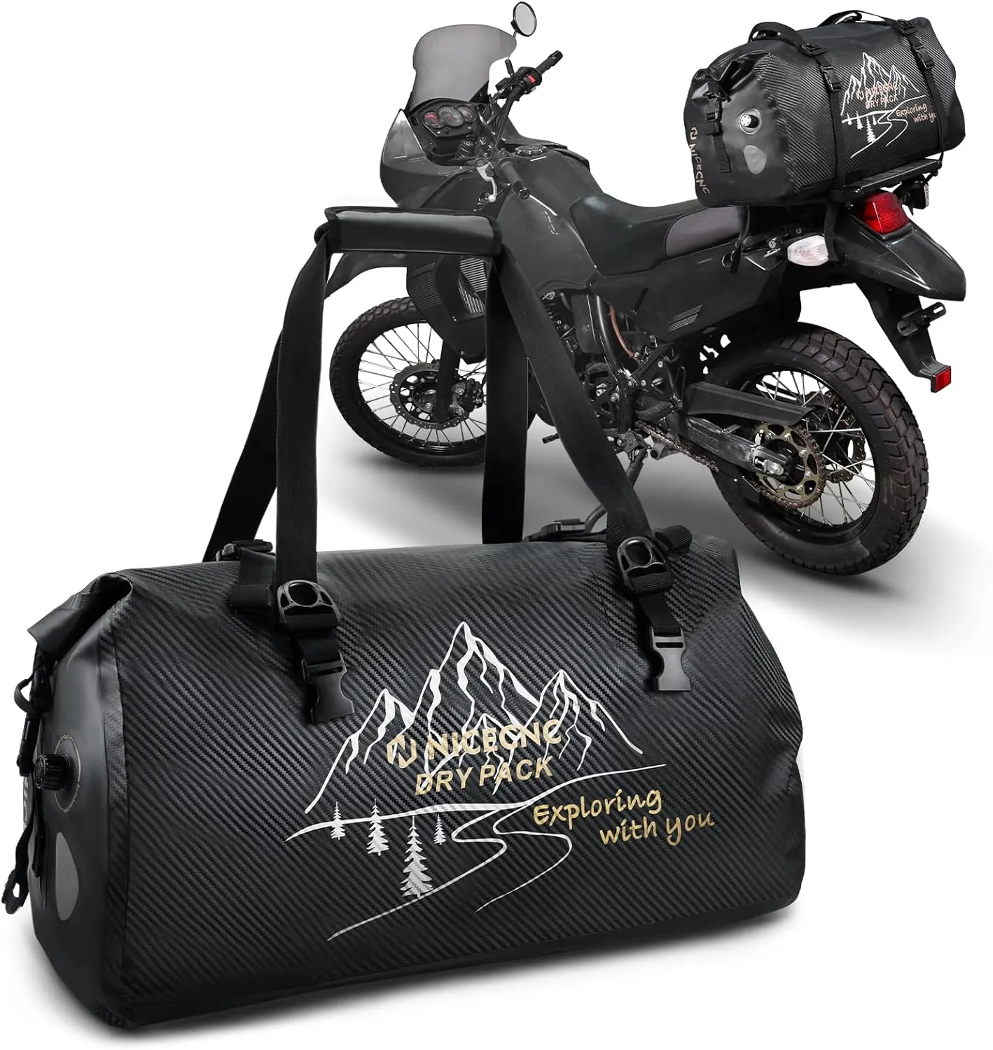 NICECNC Waterproof 66L Dry Duffel Bag, 500D PVC Tail Bag, Trunk Bag, Universal Motorcycle Travel Luggage, Black