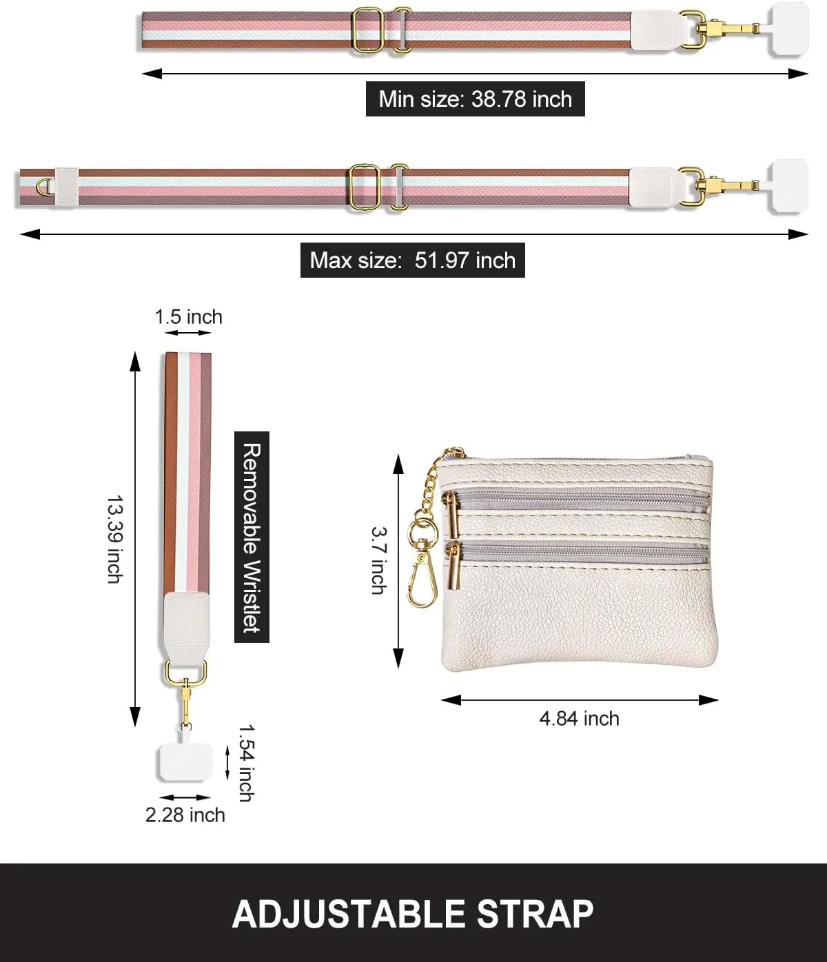 Nipichsha Crossbody Phone Strap with Wallet, Clip and Go Strap for Phone with Wallet, Adjustable Crossbody Cell Belt with Zippered Pouch, Neck Shoulder Cell Lanyard for Women, Minimalist Stripes